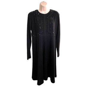 Vintage Liz Claiborne Black Beaded Sweater Dress Size Med u  Knee Length Modest